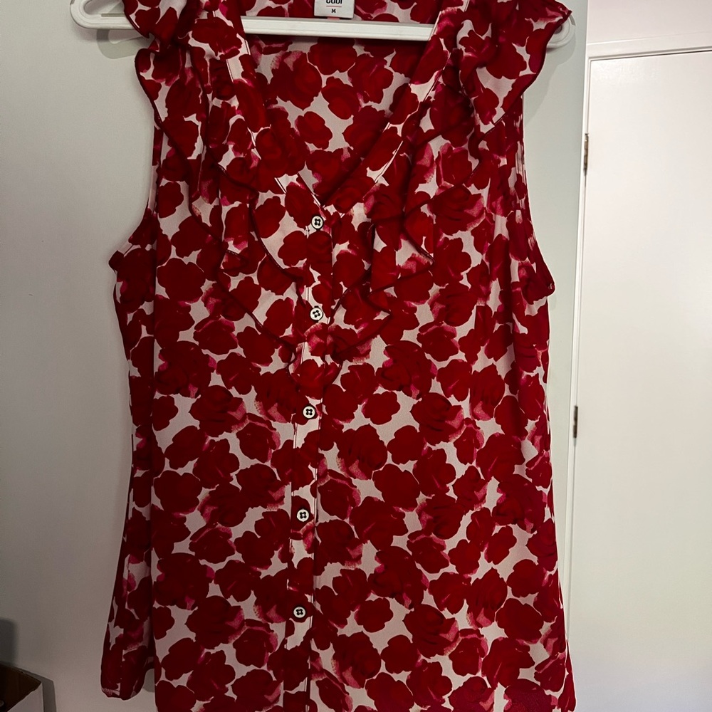 CAbi Red and White Floral Ruffle Blouse